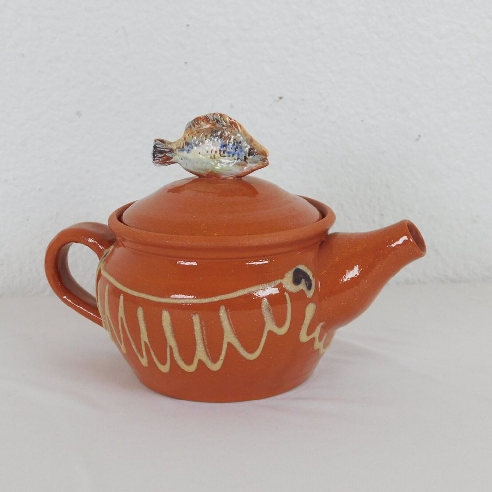Studio Art Pottery Teapot Terra Cotta Color Fish Finial Decorative Unsigned 5"